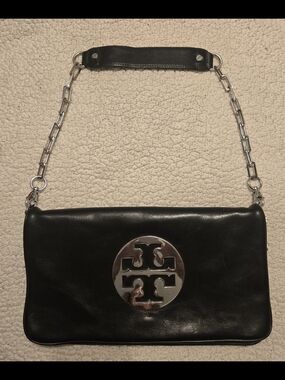 Tory Burch Black Leather Shoulder Bag with Silver Logo Medallion
